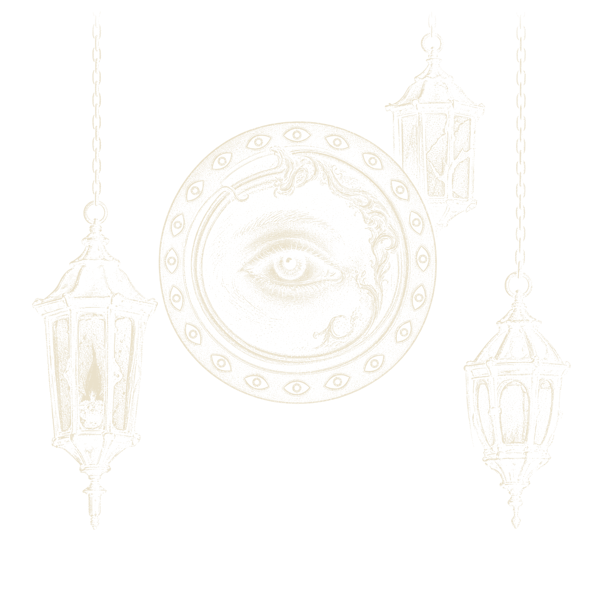Night engraving: an eye in a plate ringed with eyes, three hanging lanterns, one lit